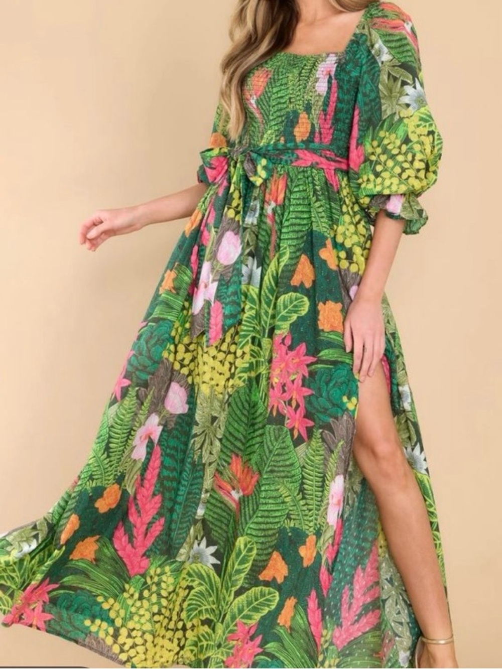 Red Dress Boutique- Green Tropical Print Maxi Dress with Puff Sleeves